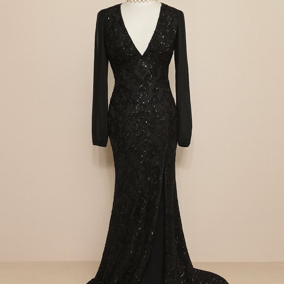 Windsor Black Sequin Long Sleeve Mesh Evening Gown – S - Picture 2 of 6